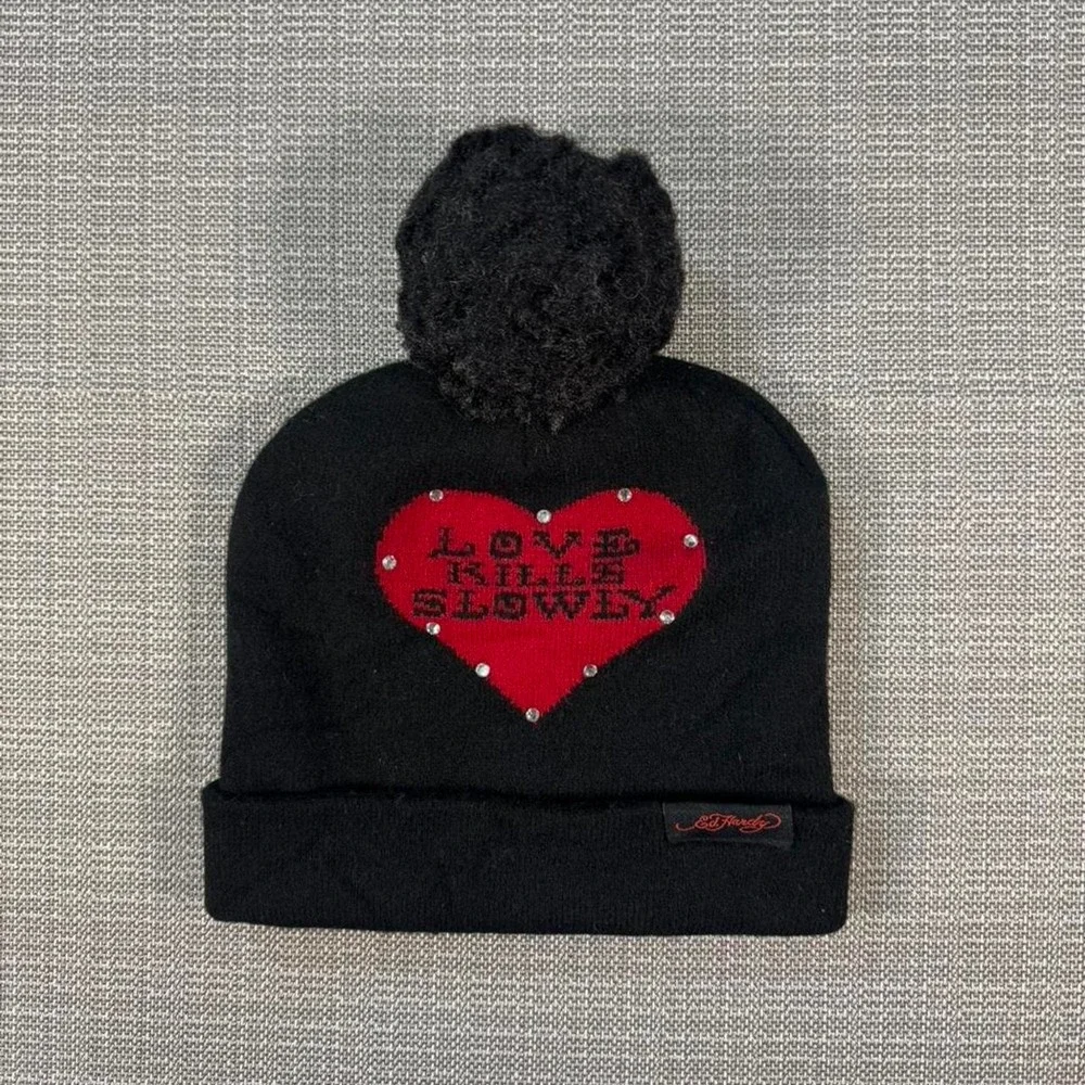 Ed hardy Love Kills Slowly Pom Pom beanie.
